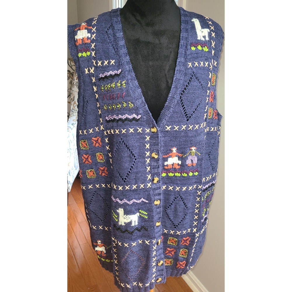 White Stag Vest Women 18W/20W Navy Floral Embroidered Cotton Sleeveless‎ Lima